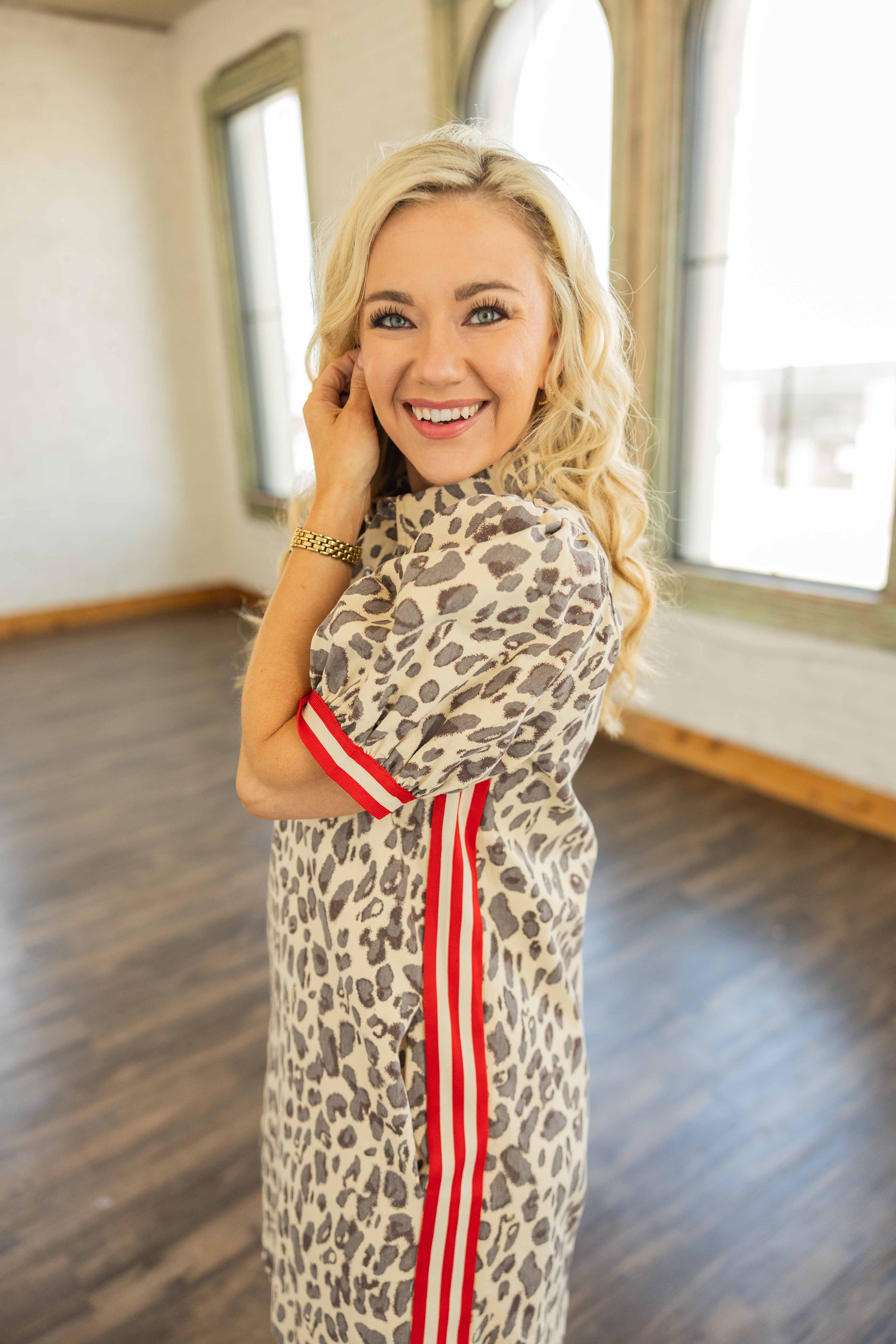 STEPHANIE LEOPARD & RED STRIPE MINI DRESS STEPHANIE LEOPARD & RED STRIPE MINI DRESS