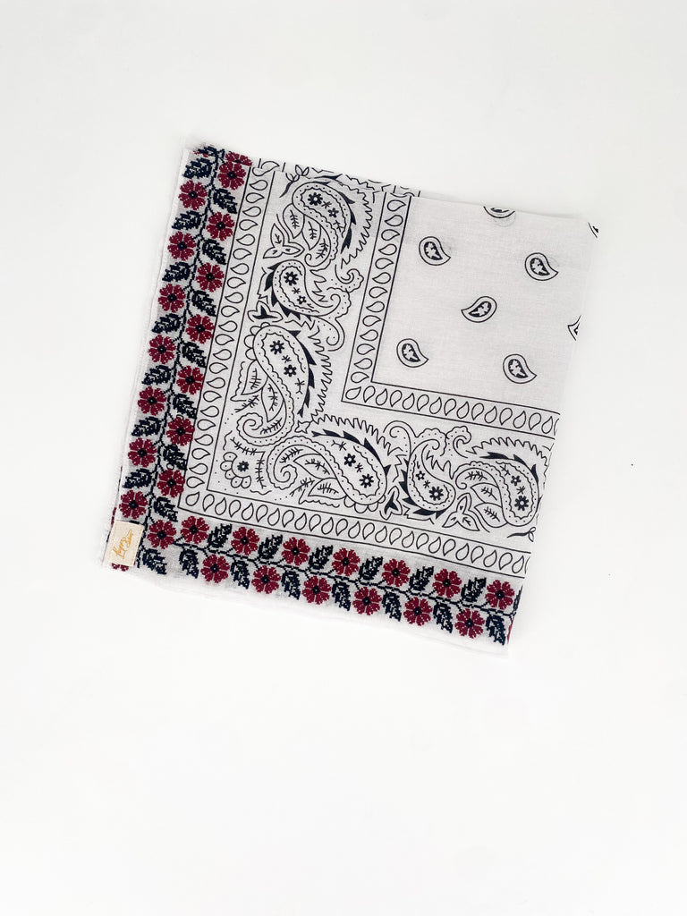 embroidered bandana, maroon floral scarf, paisley print bandana, black and white bandana, game day accessory, neck scarf, embroidered neckerchief, Western style bandana, floral paisley scarf, square bandana, game day neck tie, versatile head scarf, atm game day, aggie game day, aggie bandana