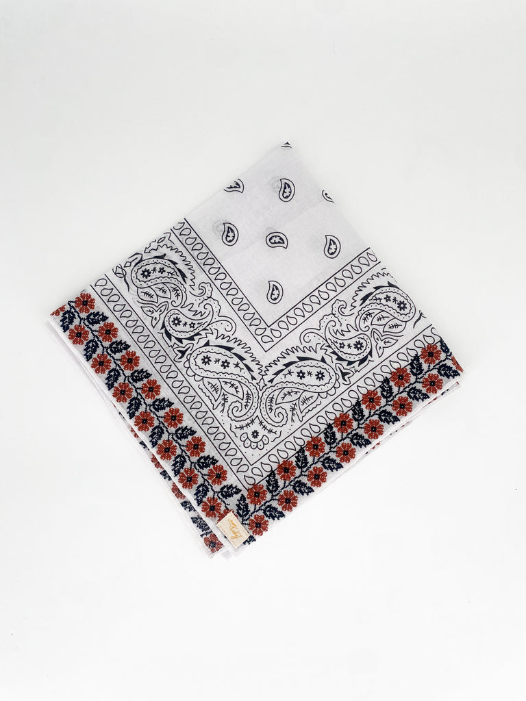 burnt orange bandana, floral embroidered bandana, paisley print scarf, square bandana, white and black neck scarf, game day accessories, burnt orange game day, boho bandana, embroidered paisley neckerchief, versatile Western bandana, floral game day scarf, UT game day, texas, university of Texas