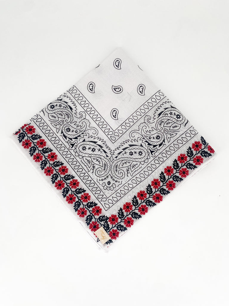 red floral bandana, embroidered bandana, paisley neck scarf, white and black bandana, red and navy game day bandana, red game day accessory, Western bandana, floral paisley scarf, square embroidered scarf, versatile bandana for women