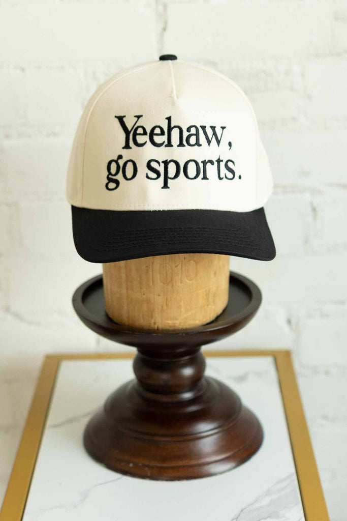 yeehaw hat, go sports hat, funny game day cap, sarcastic baseball cap, adjustable snapback hat, embroidered trucker hat, two-tone sports hat, boutique sports cap, cream and black cap, trendy fall accessories