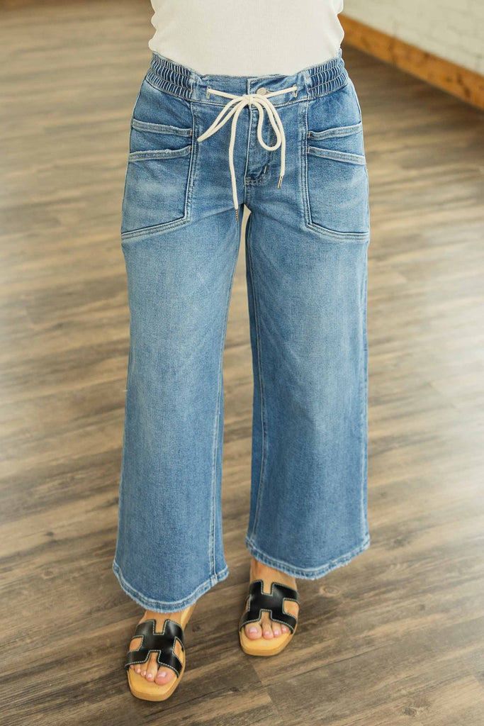 wide leg jeans, drawstring waist jeans, cropped denim pants, high rise crop jeans, casual denim pants, vervet jeans, relaxed fit denim, elastic waist jeans, comfy jeans women, soft denim pants, wide leg crop jeans, patch pocket jeans, light wash jeans, trendy jeans 2025, cute jeans for women, pull-on jeans, stretch denim jeans, summer denim, fall jeans outfit, elevated casual jeans