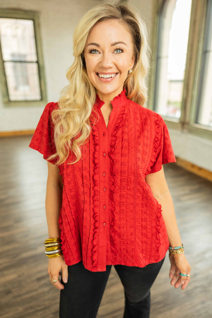 red eyelet blouse, 100% cotton red top, game day outfit for women, women's red button up shirt ,eyelet button down top, ruffle trim red blouse, cotton eyelet blouse, casual red top for fall, breathable cotton top, boutique tops for women, fall game day style, lightweight cotton blouse, relaxed fit red shirt , southern boutique game day, cute red tops for women