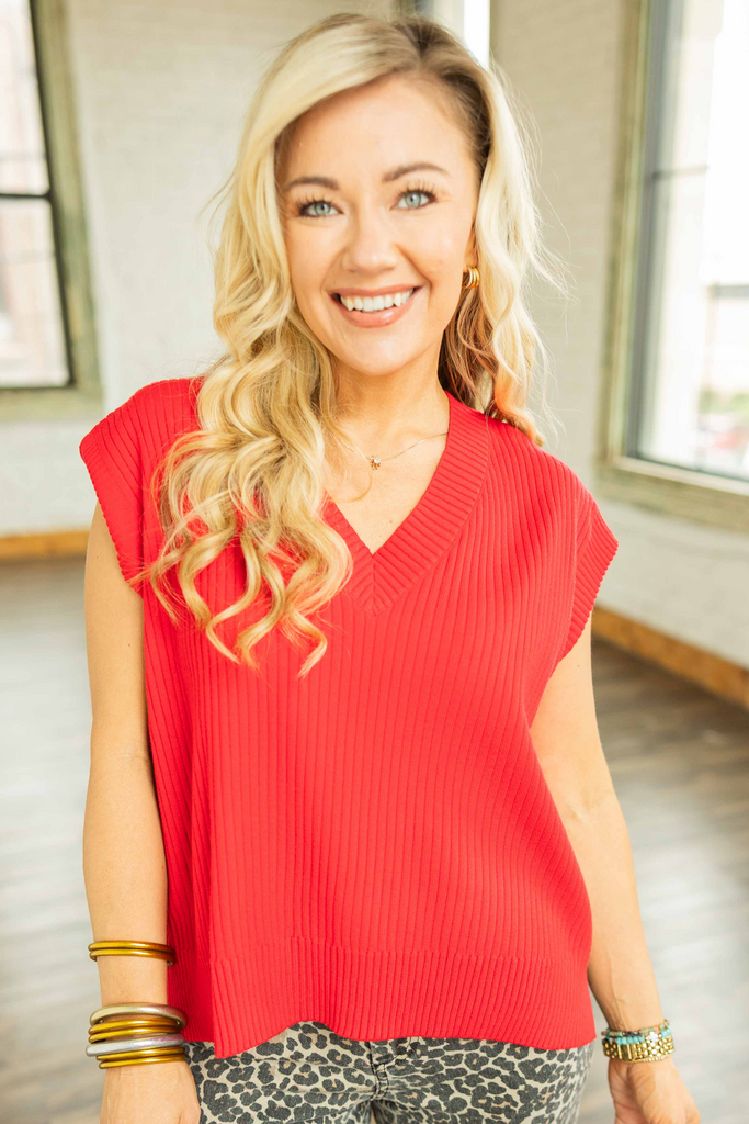 red sweater top, lightweight knit top, boxy fit sweater, v-neck red sweater, casual knit top for fall, red knit layering top, boutique tops for women, ribbed knit top, transitional tops, sweater top for work or weekend