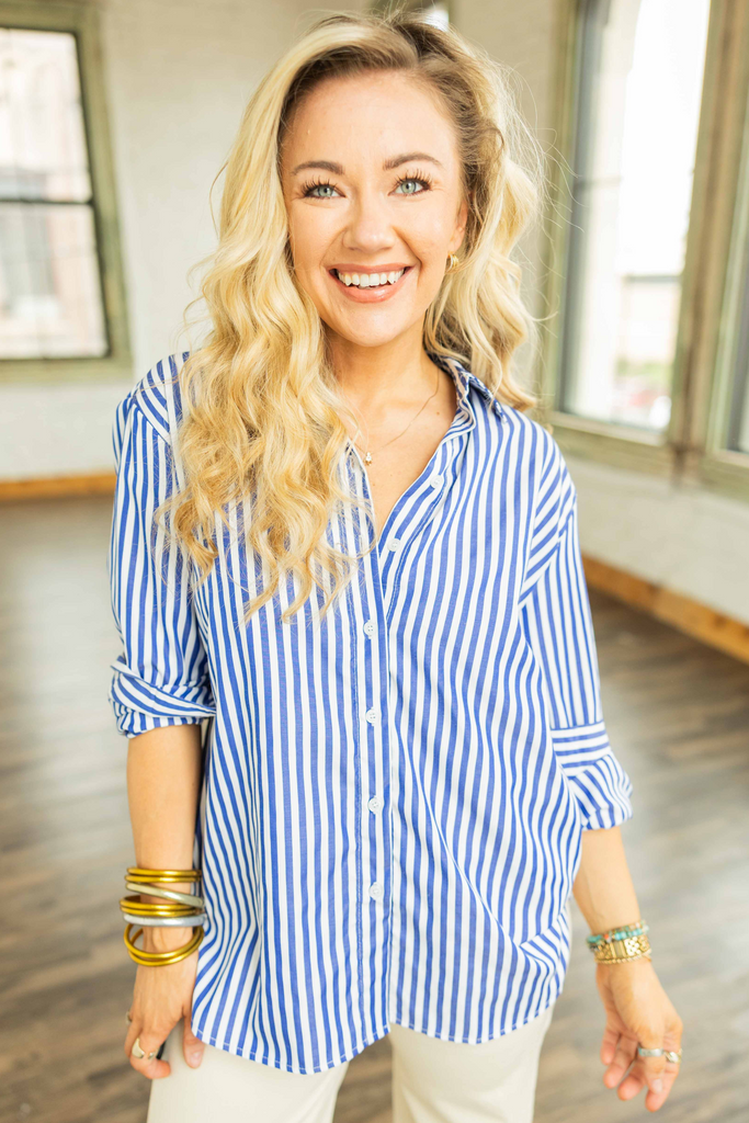 blue and white striped blouse, vertical stripe button down, oversized striped shirt, lightweight layering top, classic stripe top, polyester button down, collared shirt, workwear blouse, casual dress shirt, long sleeve stripe top