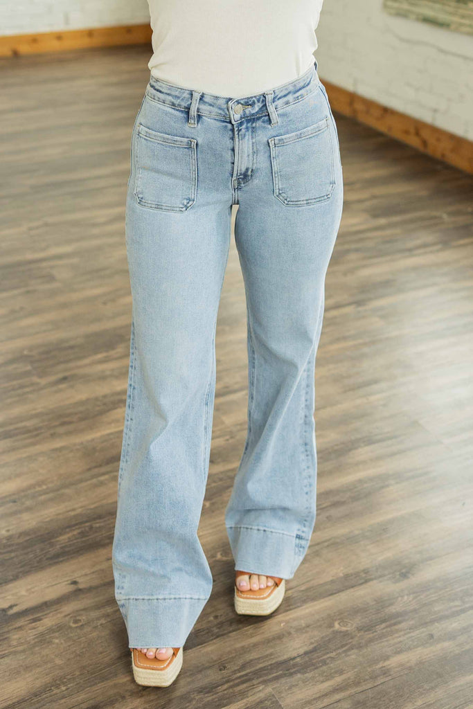  flare jeans, high rise jeans, trouser hem denim, comfort stretch denim, light wash flare jeans, Vervet jeans, retro jeans, casual denim, patch pocket jeans, wide leg jeans, vintage inspired jeans, light blue jeans, women’s flare trousers, high waisted jeans, Texas boutique jeans, relaxed fit jeans