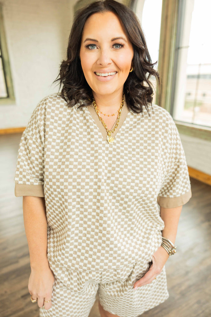 plus size checkered top, taupe and beige knit top, soft textured top for women, matching plus size lounge set, Savannah top, relaxed fit plus size sweater top