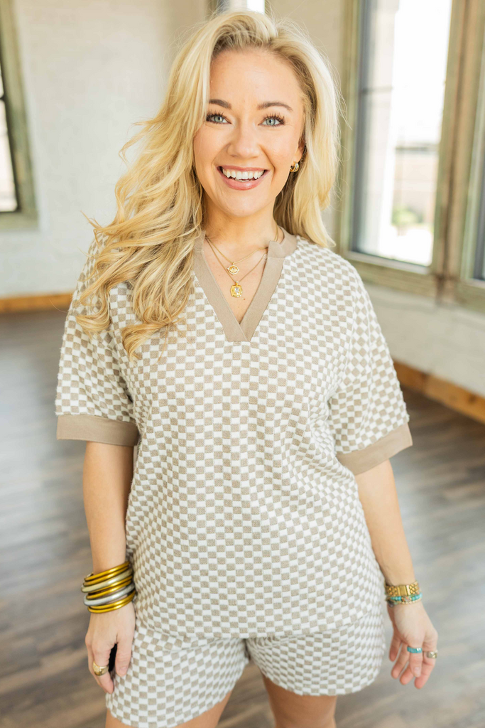 checkered top, taupe and beige knit top, soft textured top for women, matching plus size lounge set, Savannah top, relaxed fit plus size sweater top