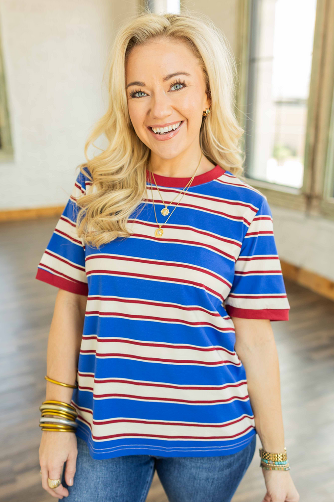 striped top, relaxed fit tee for women, cotton blend striped shirt, Blair striped tee, retro inspired top, red and blue stripe tee