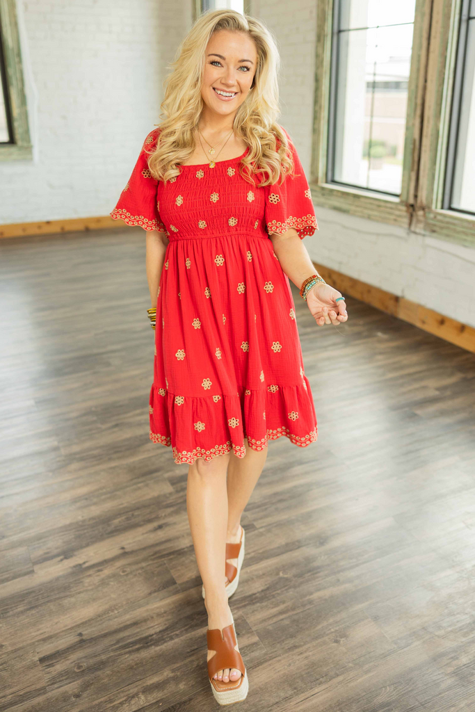 red mini dress, embroidered cotton dress, smocked mini dress, puff sleeve dress, floral embroidery, scalloped hem, back bow dress, gauze cotton dress, jaycee dress, summer occasion dress