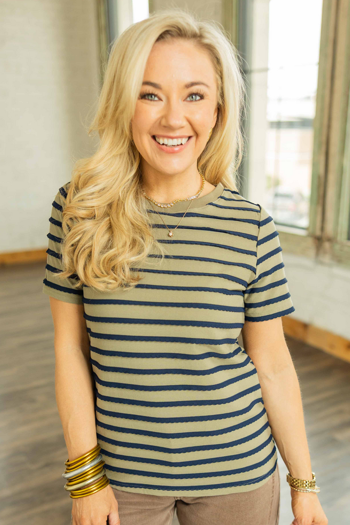 striped short sleeve top, textured stripe tee, casual cotton blend top, round neck striped shirt, navy and olive stripe t-shirt, everyday basic top, lightweight summer top, comfy neutral stripe tee