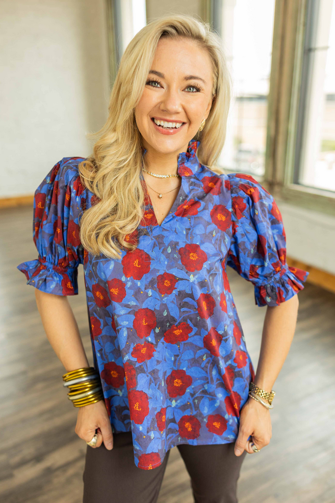 floral puff sleeve top, colorful blouse, v-neck ruffle top, short sleeve floral top, cotton blouse, relaxed fit top, women's boutique top, dressy casual floral shirt, vibrant print top, puff sleeve blouse