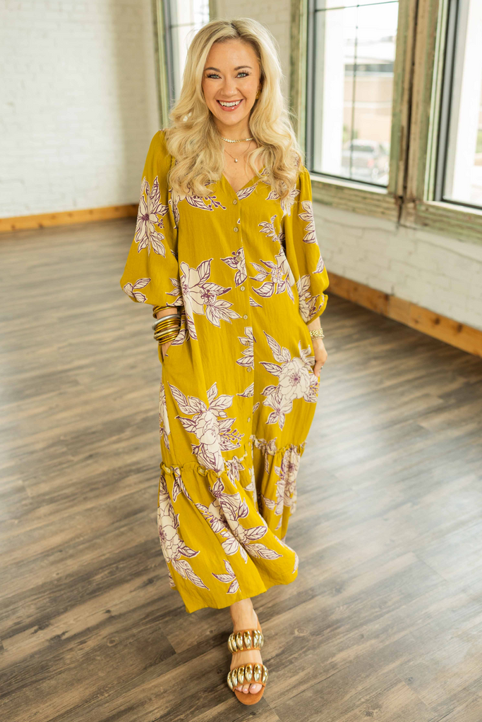 floral button down maxi dress, boho fall maxi, smocked shoulder dress, ruffle hem maxi dress, fall floral maxi, long sleeve v-neck dress, relaxed fit maxi, casual fall outfit women, flowy printed dress