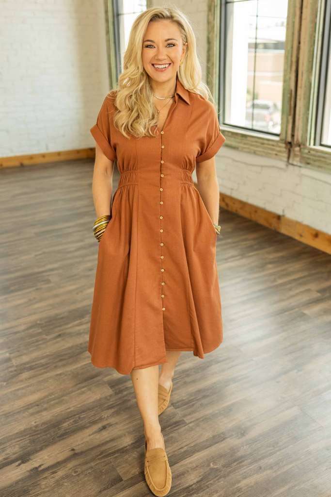 button up midi dress, rust collared dress, shirt dress with pockets, linen blend midi, casual fall dress, modest teacher dress, collared button front dress