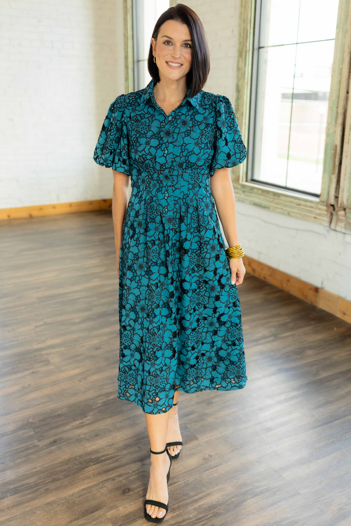 Teal Vanessa embroidered eyelet button up midi dress with puff sleeves and gold bangles